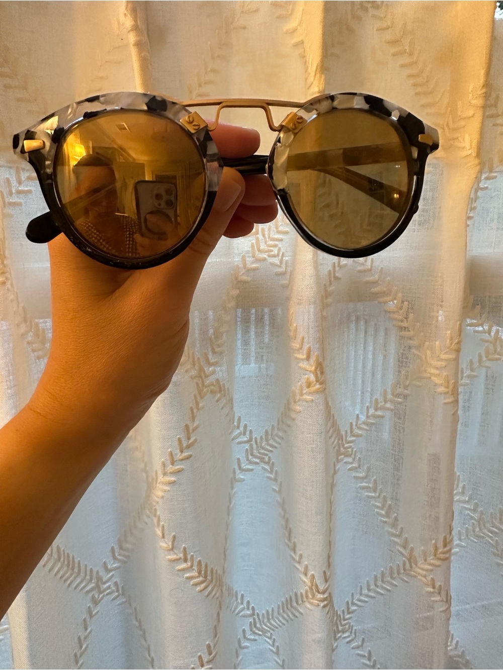 KREWE Round Sunglasses with Tortoiseshell Gray and Gold Accents